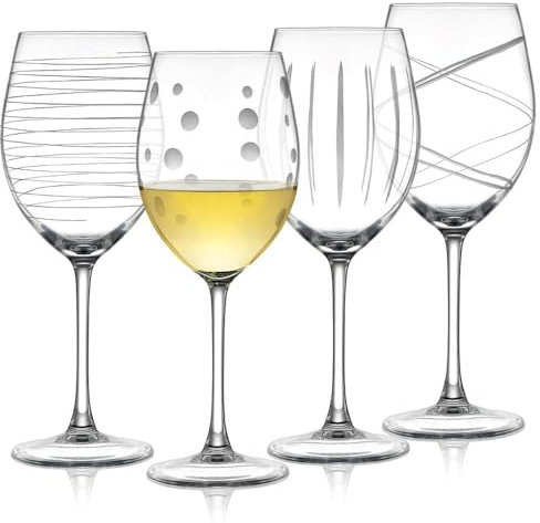 Joeyan Hand Blown Etched Red and White Wine Glasses,Carved Stripes Dots Stemmed Glasses,Clear Long Stem Glassware Set for Wine Tasting Birthday Anniversary Wedding,560 ml,Set of 4