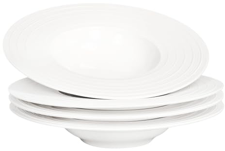 jinsongdafa pastatallrikar soppskålar, 350 ml, pastatallrikar, set med 4 stycken, vita platta kantskålar, skålar med och kant, premium porslin, bästa presenten 28,8 cm linjärt mönster