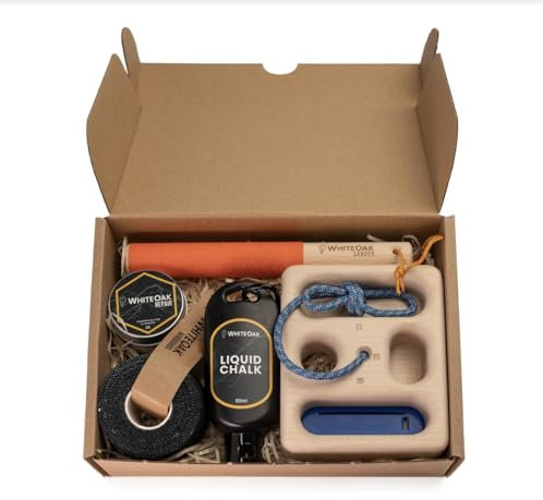 WhiteOak Kletterzubehör-Set: Klettergeschenk-Set I Pocket Hangboard I Flüssigkreide I Kletterband I Regeneratives Balsam I Schleifkallus-Feile