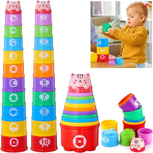 Wanonoo Ensemble de Tasses à Empiler pour Bébé, Jouets d'Empilage et d'Empilement pour Tout-Petits de 1 à 3 Ans, Jouets Montessori pour Bébés de 1 An, 6-12-18 Mois, Blocs Numériques Empilables pour le