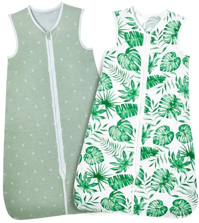 Lictin Sommerschlafsack Baby 2er Pack, 0.5 Tog Schlafsack Baby Sommer, Schlafsack Baby für 3-18 Monate, Sommerschlafsack mit Einstellbarer Länge 62-83cm, Schlafsack Kinder Grün + Grünpflanze