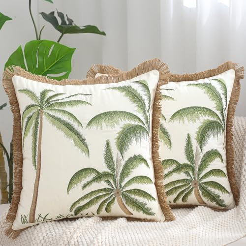 Tosleo Green Palm Trees Embroidered Throw Pillow Covers 18x18 inch Pack of 2 with Flax Fringe Cotton Boho Pillow Cushion Cases Farmhouse Decor Square Pillowcases for Spring Summer Sofa Couch Bedroom