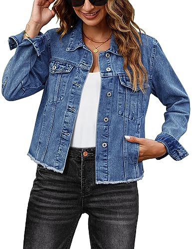 Roskiky Veste en jean pour femme délavée avec boutons style vintage western, avec ourlet effrangé et poches, L