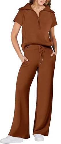 FENXIXIONE Donna 2 pezzi Set casual Completi Felpa Estate Mezza zip Felpa Pantaloni a gamba larga in felpa Set da salotto Tute da ginnastica Aeroporto Abiti 2024 (XL,Marrone)