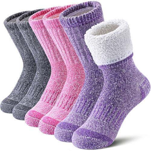LINEMIN Calcetines de senderismo de lana merino para niños y niñas, cálidos, gruesos, térmicos, acolchados, para snowboard, 3 pares, Morado/rosa/gris, 8-12 Years