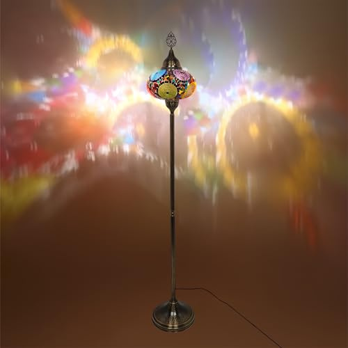 Turkish Mosaic Floor Lamps - Big Globe Lamp Shade - Moroccan Decor - Stained Glass & Victorian Style - Unique Boho Lamp - Tiffany Style - Colorful & Vintage Design (Mix Ball)