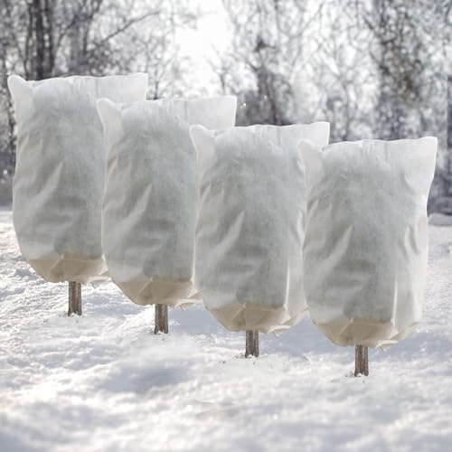 DazSpirit 4 Piezas 60x80 cm Vellón de Protección contra Congelación para Invierno, Tela Antiheladas para Plantas con Cordón, Cubre Plantas Protege de Las Heladas, Invierno, Animales