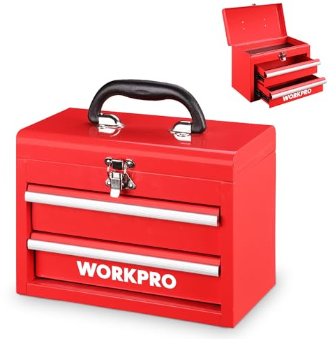 WORKPRO Boîte à Outils Métallique Portable à 2 Tiroirs, Mini Coffret avec Compartiment Supérieur, Glissières à Roulement à Billes, Poignée Ergonomique, Revêtement PVC et Patins Antidérapants