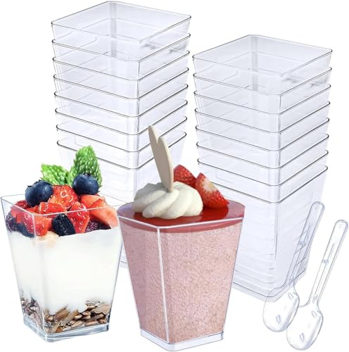 Cisolen Set med 25 dessertglas med skedar - 150 ml - Återanvändbara - Runda - Transparenta - För mousse, tårta, glass, yoghurt, pudding, dessert