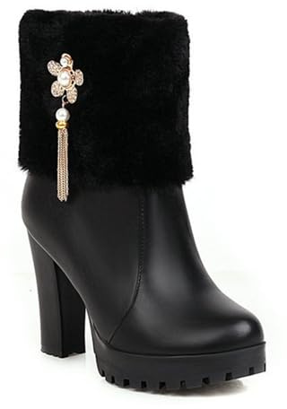 Bottines d'hiver doublées de fausse fourrure pour femme avec fermeture éclair latérale, bout rond, talon épais, plateforme chaude, Noir , 39.5 EU