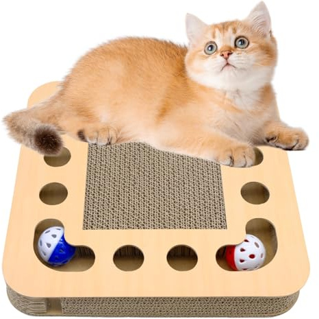 Cat Scratching Board, 2 in 1 Square Cardboard Scratcher with Bell Balls, Durable Scratch Pad Bed Toy for Indoor Cats 33×33×5 cm