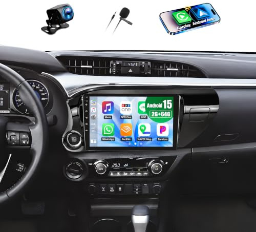 CAMECHO 2+64G Android 13 navigator bilradio för Toyota Hilux AN120 2015–2020 med 10 tums pekskärm, Bluetooth-radio med trådlös Carplay FM RDS GPS WLAN Android bilspegellänk + backkamera