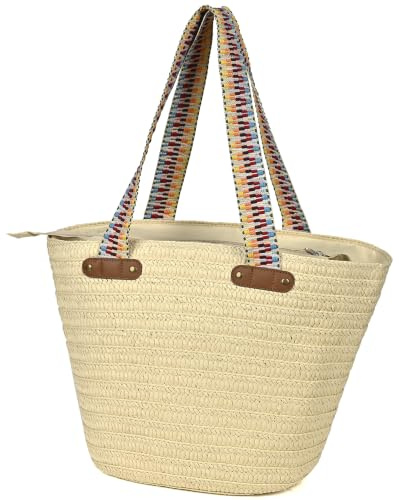 KESUDE Bolso de Hombro Paja para Mujer, Bolsos de Playa Grande con Cremallera, Elegante Tote Bag Rafia Estilo Bohemio para Verano, Vacaciones y Viajes