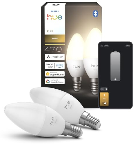 Philips Hue Smart LED-lampa Kronljus, B39, E14, 2-pack, Varmvitt Ljus 2 700 K, 470 lm, Låg Dimring, Alexa, Google Home, Apple Home