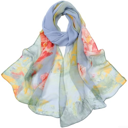 PureBowlic Lätt chiffonghalsduk för kvinnor, blommönster, sommarsjal, strandsjal, solskydd, mjuk, andningsbar, georgette, stola för resor, semester, grå (G)