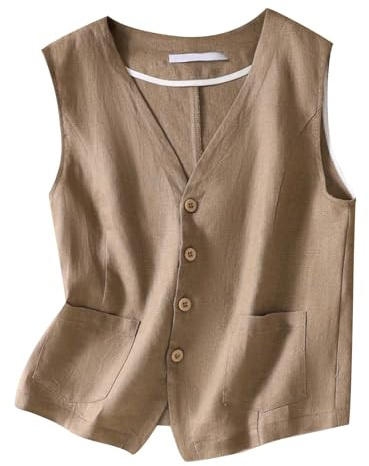 Generisk njurrem dam värmande knäppning ärmlös linne topp lätt business jacka waistcoat väst tröja glitter damer, kaki, L