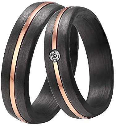 DOOSTI Damen Herren Ring Set Carbon Schwarz mit Edelstahl Einlage Rosegold mit Zirkonia als Partnerring Ehering Freundschaftsring (Ring ohne Zirkonia, 56 (17.8))