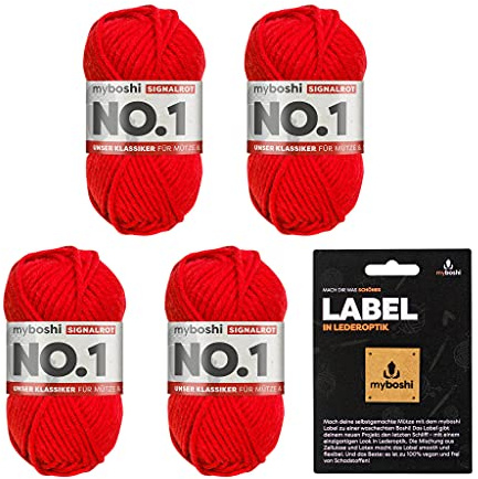 myboshi No.1 Wolle zum Häkeln und Stricken, Schnellstrickgarn, inkl. Label, Strickwolle, Häkelwolle, mulesing-frei, Ll. 55m /50g, 30% Wolle (Merinowolle) Rot (Signalrot), 4 Knäuel