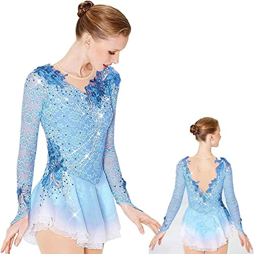 ZEDDG Ragazze Donne Abito da Pattinaggio Artistico Professionale Body da Ginnastica Vestito da Pattinaggio Artistico Costume da Gara di Pattinaggio,Elasticizzato,Fatto a Mano,Blue-M