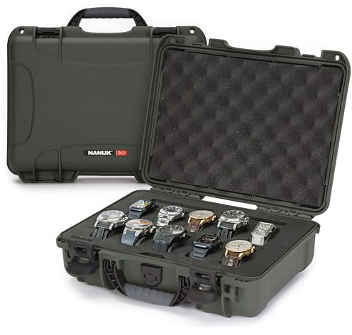 NANUK 910 - Valigia da viaggio impermeabile per orologi, 10 scomparti, resistente agli urti e alla polvere, compatibile con il bagaglio a mano, interno in schiuma premium (36,3 × 28,2 × 12 cm) - Olive