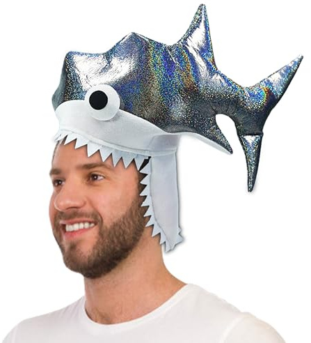Hooin Shark Costume Hat Twlikling Silver Shark Costume Party Crazy Hat with 3D Embroidered Eye