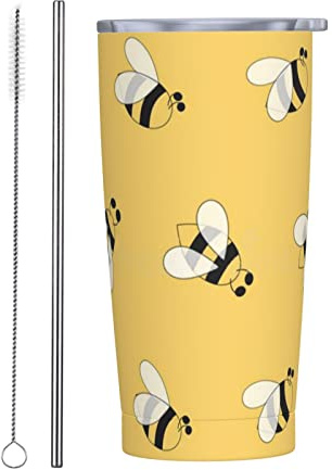 20oz/550ml Stainless Steel Insulated Travel Coffee Cup, Cute Bee Travel Mug with Leakproof Lid, Straw and Straw Brush