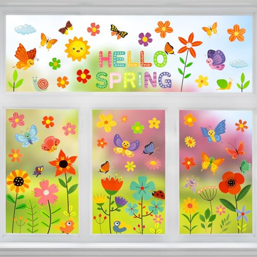 BETESSIN 9 Blatt Fensterbilder Selbstklebend Frühling Fenster Aufkleber Blumen Schmetterling Fenster Abziehbilder Sticker Kinderzimmer Fenster Deko Aufkleber Party Dekoration