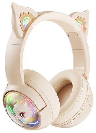Casque Bluetooth Sans Fil,Casque de Jeu avec Oreille de chat Gaming Headphones avec Microphone Casque Gaming avec lumière LED RVB et Son Surround 7.1 Stéréo HD Casque Audio pour PC, TV(Beige)