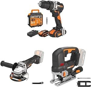 WORX - PACK ESSENTIEL BRICO - Perceuse visseuse à percussion Brushless - ⌀13mm 60Nm + Meuleuse d'angle - Ø 125mm + Scie sauteuse sans Fil 20V - 120mm - WX352, WX812.9 & WX542.9