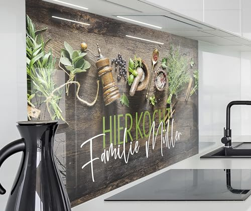 timalo Herd Spritzschutz Wand Spüle, Küche Küchenrückwand Glasoptik | Acryl Glas 2mm | Glasrückwand Acrylglas - personalisiert mit Namen - Rückwandschutz Platte | 60x40cm Kräuter Holzwand