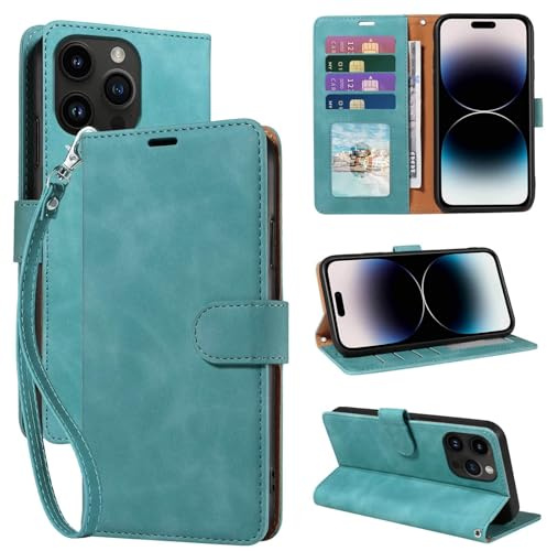 GOTOURED for iPhone 14 Pro Max Phone Case Wallet, RFID Blocking 4 Card Slots, Wrist Strap, Kickstand, Magnetic Closure, Shockproof Protective Soft Leather Flip Cover (Green)