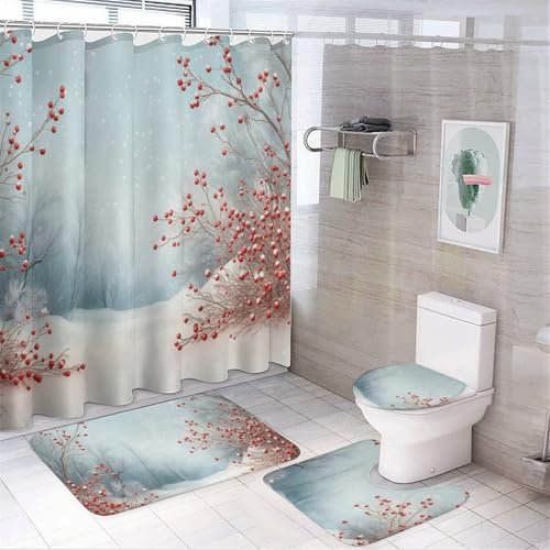 DLERFLOVR 4-Teiliges 3D-Hintergrund Duschvorhang-Sets Mit Rutschfesten Teppichen,Wc-Deckel Und Badematte Verschneite Rote Beeren Duschvorhang 12 Haken,wasserdichte Badezimmer-Vorhang-Dekor-Badewanne