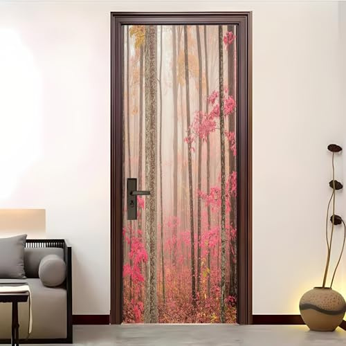 3D Adhesivo Fotográfico 77x200 cm, Paisaje de Bosque OtoñAl Autoadhesiva Puerta Pegatina, Paisaje Natural Extraíble Impermeable Vinilos Para Puertas para Cocina Sala de Baño Decorativos Murales