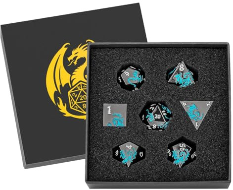 Metal Dice Set, Flat Face Black Blue Dragon Pattern, 7pcs Polyhedral Metal DND Dice Set, DND Starter Set, D&D Gifts with Gift Box, Role Playing Board Games Accessories, Black