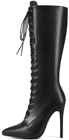 Veelau Meieer Bottes à lacets à talons hauts avec fermeture éclair pour femme, Noir en polyuréthane., 41 EU