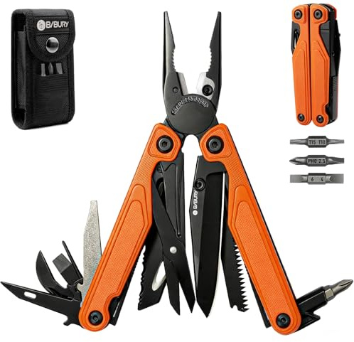 BIBURY Multiherramienta con Mango G10, Alicates Multiusos, Navaja Multiusos con Apertura con Una Mano, Tijeras y Puntas, EDC Multitool para Camping, Senderismo, Reparar y Regalo Hombre (Naranja)