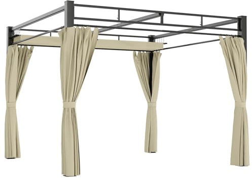 Outsunny Gartenpergola, 3 x 3 m, mit einziehbarem Dach – Gartenpavillon für den Außenbereich, verstärkter Stahl, mit 4 Vorhängen – Pavillon 60 mm Säulen und UV-Schutz 30+, für Terrasse und Hof, Beige
