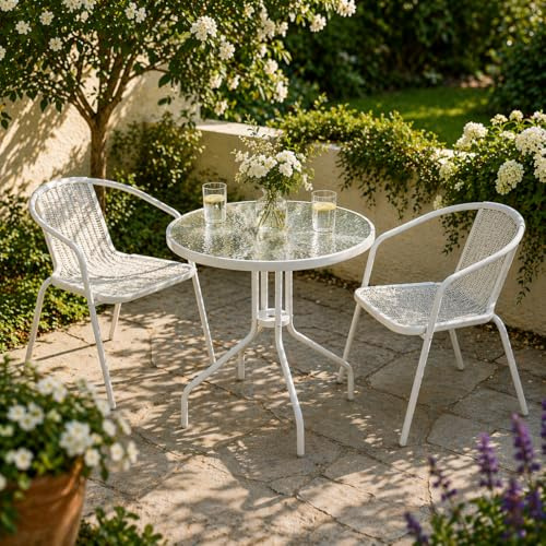 Emirates Living 3 Piece Garden Bistro Set | Outdoor Patio Dining Set with 2 Chairs & Glass Table | Brown Rattan Balcony Furniture | Weather Resistant Small Garden Table Set| White