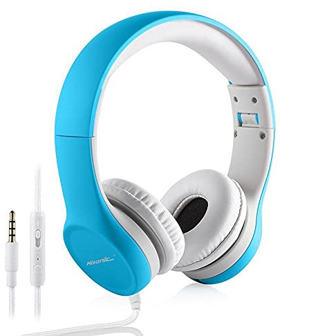 hisonic kinderkopfhörer ab 3 Jahre, Kabel kopfhörer für Kinder Leicht kopfhörer mit Laustärkebegrenzung, Musik-Sharing-Funktion, Mikrofon Verstellbare Kinder Headset für Jungen und mädchen (Blau)