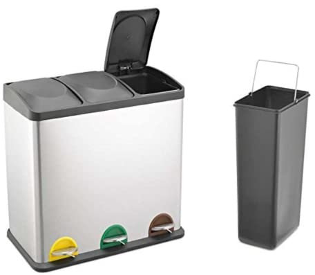 EVRE 60 L Kitchen Waste Rubbish Recycling Bin 3 x 20 Litre Triple Compartment Separation with Removable Plastic Buckets, Odour Seal, Smudge & Fingerprint Resistant (Silver)