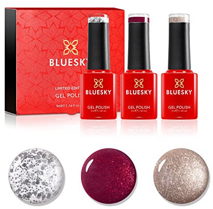 Bluesky Smalto semipermente per Unghie Kit in Gel, Christmas Trio Gift Set.3 x 5ml (Soak off UV/LED Gel) Rosso, Argento, Gold, Glitter - 15 ml