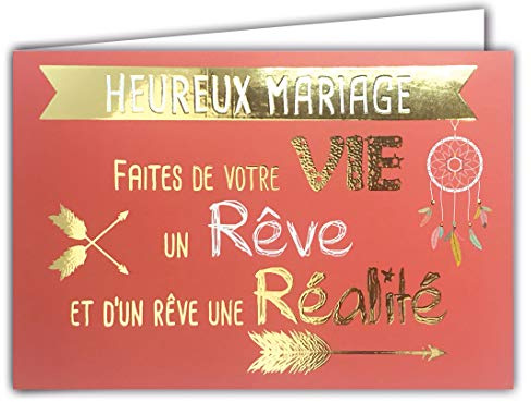 69-5088 Carte Heureux Mariage en Or Doré Brillant - Faites de votre Vie un Rêve - Livrée avec enveloppe - Format Carte Fermée 17x11,5cm - Fabriquée en France