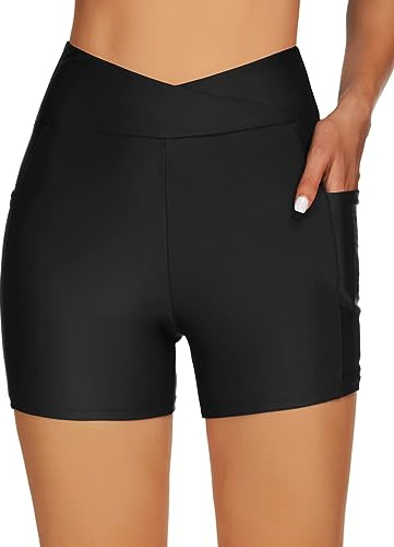Tournesol Women's Swim Shorts Tummy Control Swimsuit Bottoms High Waisted Bathing Suit Swimwear Boy Shorts with Pocket Black