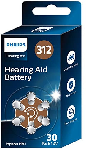 PHILIPS x30 Pilas 1.4V para Audífonos 312 (Hearing Aid Battery) ZA312BX30/00, Tecnología Premium Zinc Air, Batería de Larga Duración, Pestaña Abre-Fácil, Tipo PR41 (30 Unidades) Color Marrón