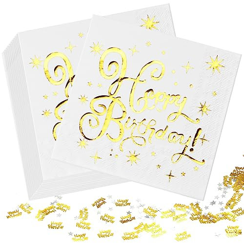 40 Stück Servietten Geburtstag, Servietten Weiß Gold, Servietten Happy Birthday, Papierservietten Paper Napkins, Weiß Gold Deko Geburtstag, 33x33cm für Junge Mädchen Geburtstag Party Deko