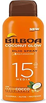 Bilboa, BOV Solare Coconut Glow SPF 15, Crema Solare Spray con Olio di Cocco e Vitamina E, Leggera sulla Pelle, Protezione Solare Resistente all'Acqua, 150 ml