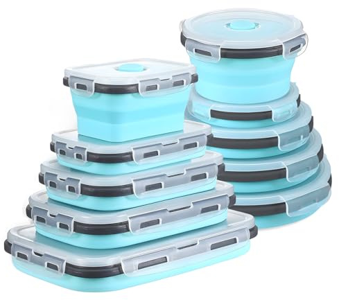 GOUWEIBA 10 PCS Faltbare Frischhaltedosen, Faltbare Silikon Brotdose Faltschüssel, Faltbare SchüSsel Frischhalteboxen mit Deckel für Mikrowelle, Gefrierschrank, Spülmaschinen