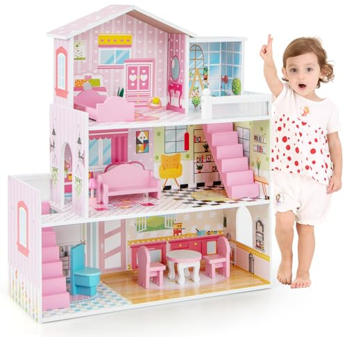 GOPLUS 3-vånings dockhus, barndockhus med söta möbelset och tillbehör, dockmöbler med 5 rum, dockhus dockvilla i trä för barn från 3 år, rosa