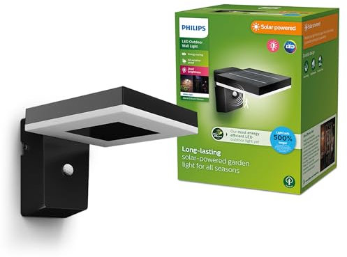 Philips LED Zonal Lampada Solare da Parete per Esterni Ultra Efficiente, Quadrato, Luce Bianca Fredda, 1.3W, 3000K, Sensore di Movimento, IP44, Nero