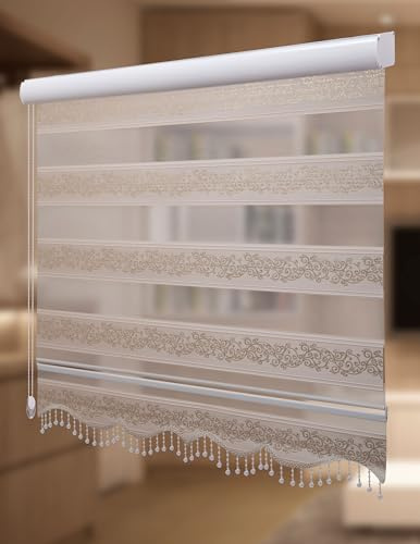 PlisseeOnline Doppelrollo Duorollo mit Alu Kassette und Motiv Rankenmuster und Perlen Blickdicht freihängend Zebra Perde mit Motiv Grau Silber Glitzer Breite 100 cm Höhe 250 cm